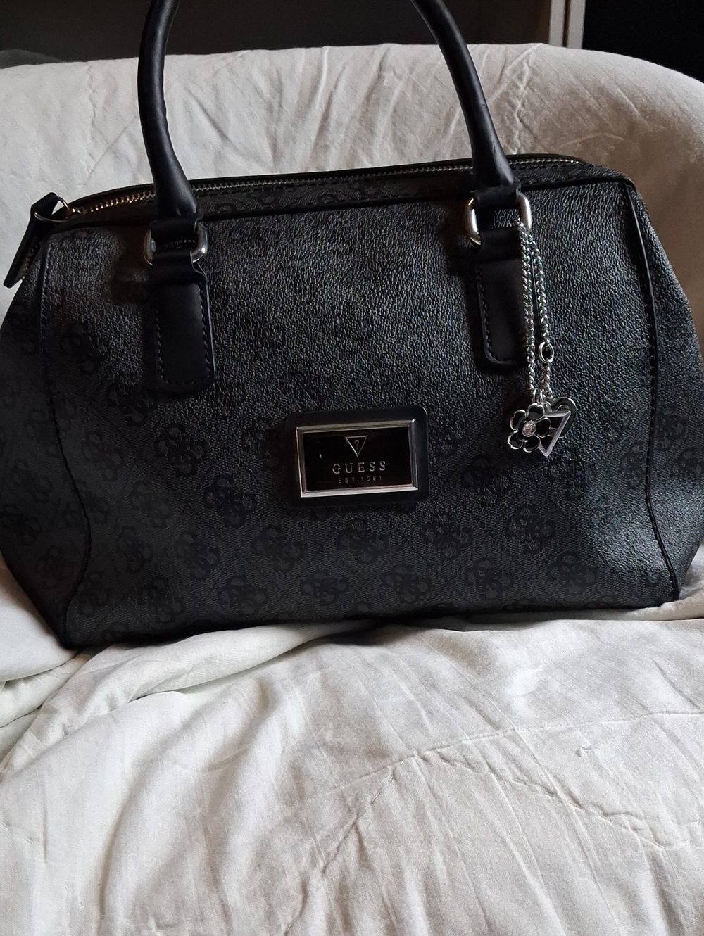 GUESS Irma Black Patterned Satchel with Silver Charm